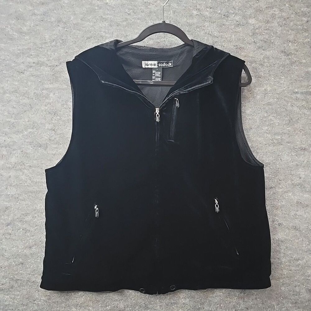 Jamie Sadock Black Full Zip Sleeveless Velour Hoodie Vest Womens Sz L